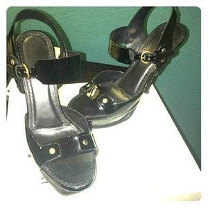 YSL Tribute black patent sandals/heels